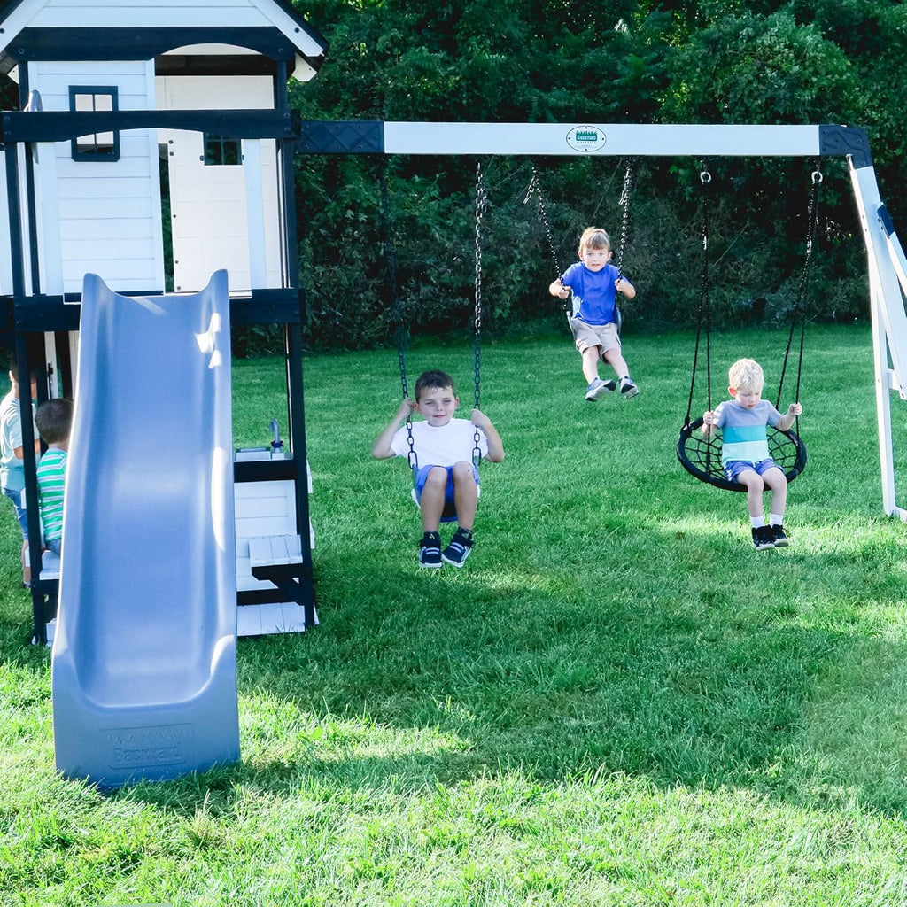 Canyon Creek Cedar Wood Swing Set with Wave Slide, Clubhouse, Play Kitchen, Picnic Area, Belt Swings, Web Swing, Rock Wall, Balconies, Playhouse, Step Ladder, Outdoor Playset