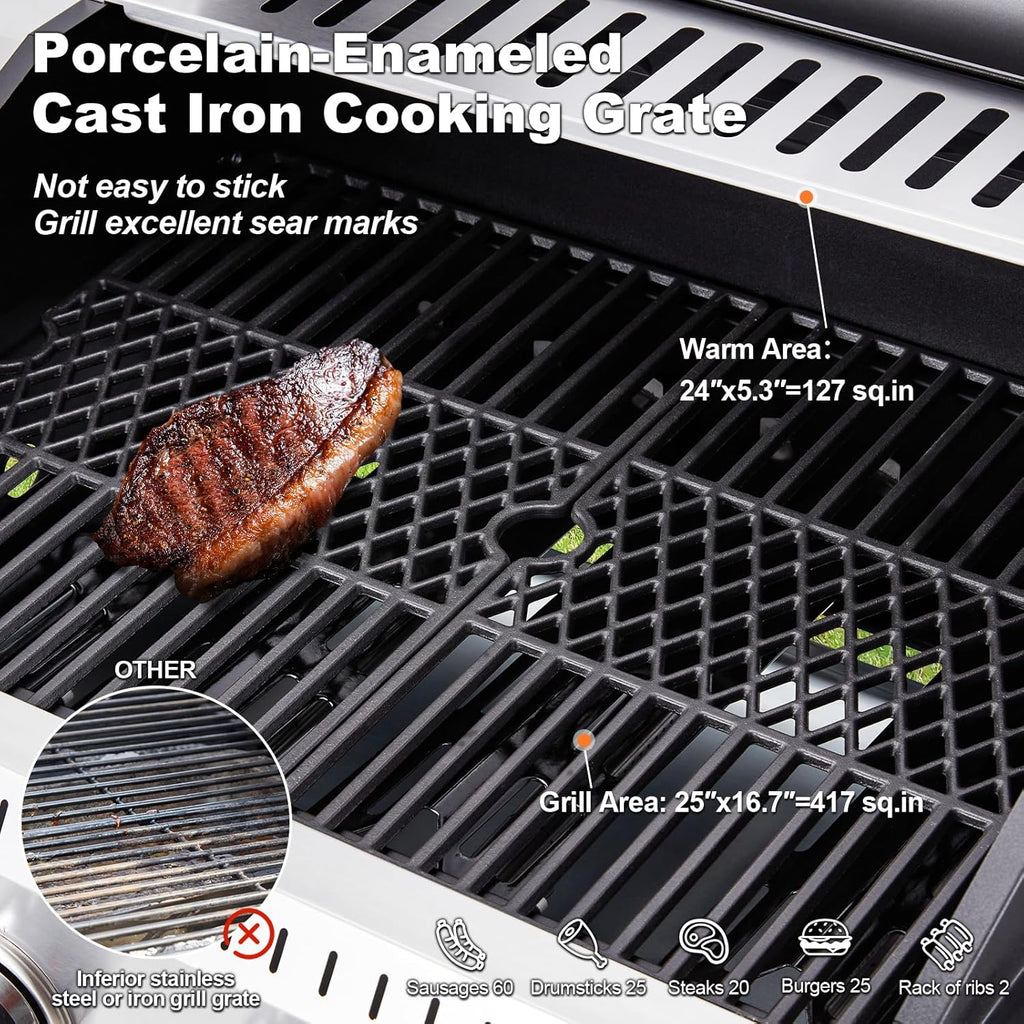 Upgraded 4 Burner BBQ Propane Gas Grill with Cast Iron Grates & Side Stove, 44,000 BTU Stainless Steel Burner Barbecue Grill for Patio, Camping, Outdoor Cooking MELLCOM