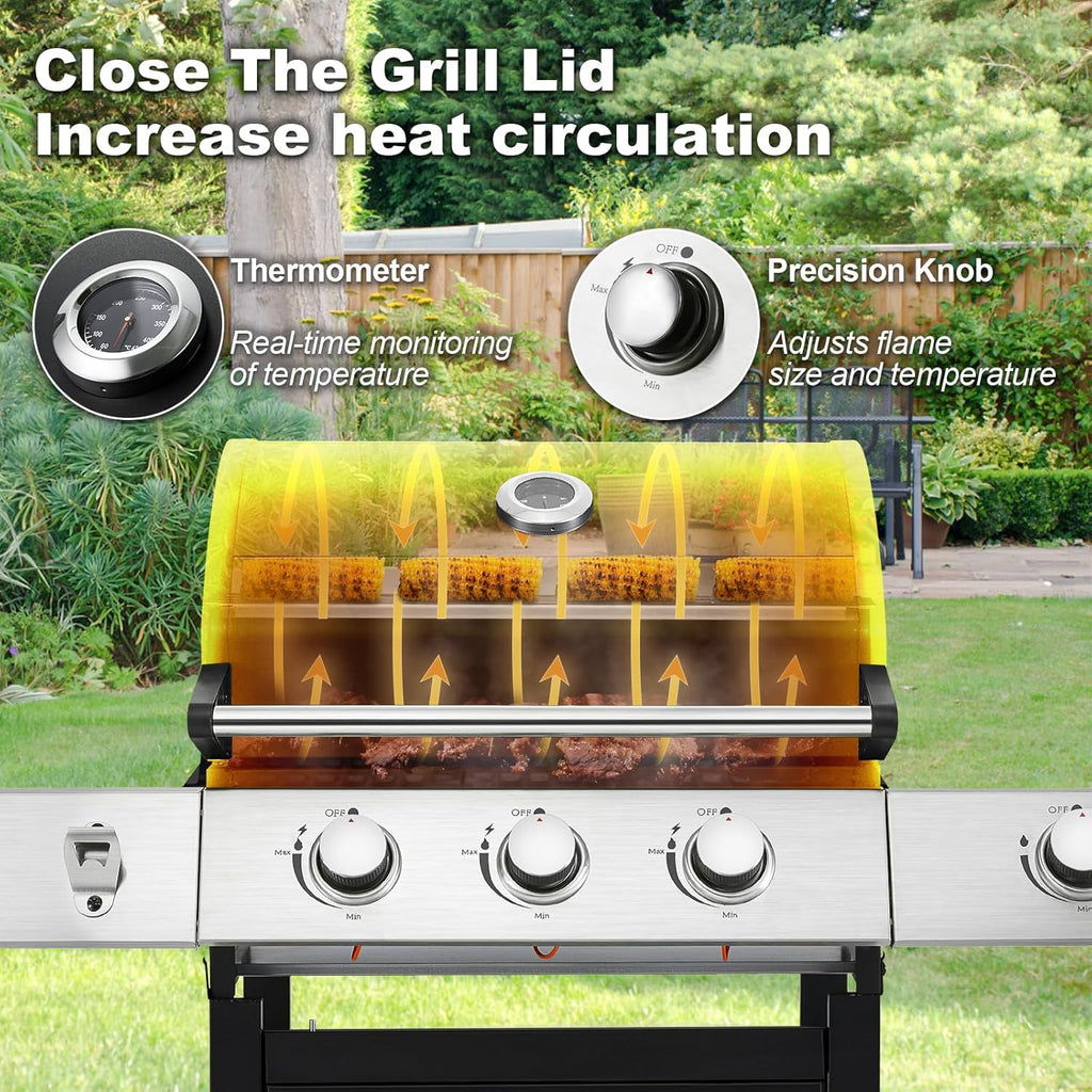 Upgraded 4 Burner BBQ Propane Gas Grill with Cast Iron Grates & Side Stove, 44,000 BTU Stainless Steel Burner Barbecue Grill for Patio, Camping, Outdoor Cooking MELLCOM