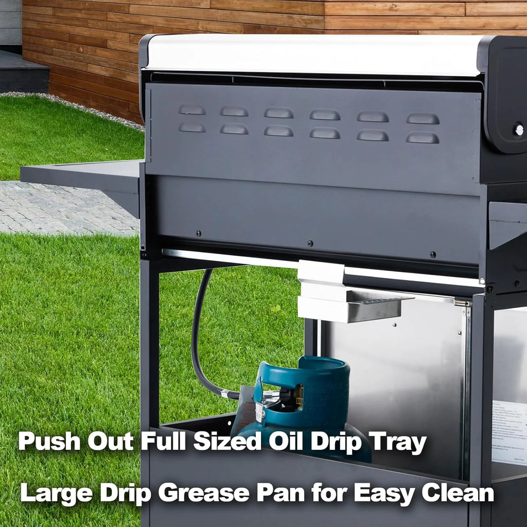 Upgraded 4 Burner BBQ Propane Gas Grill with Cast Iron Grates & Side Stove, 44,000 BTU Stainless Steel Burner Barbecue Grill for Patio, Camping, Outdoor Cooking MELLCOM